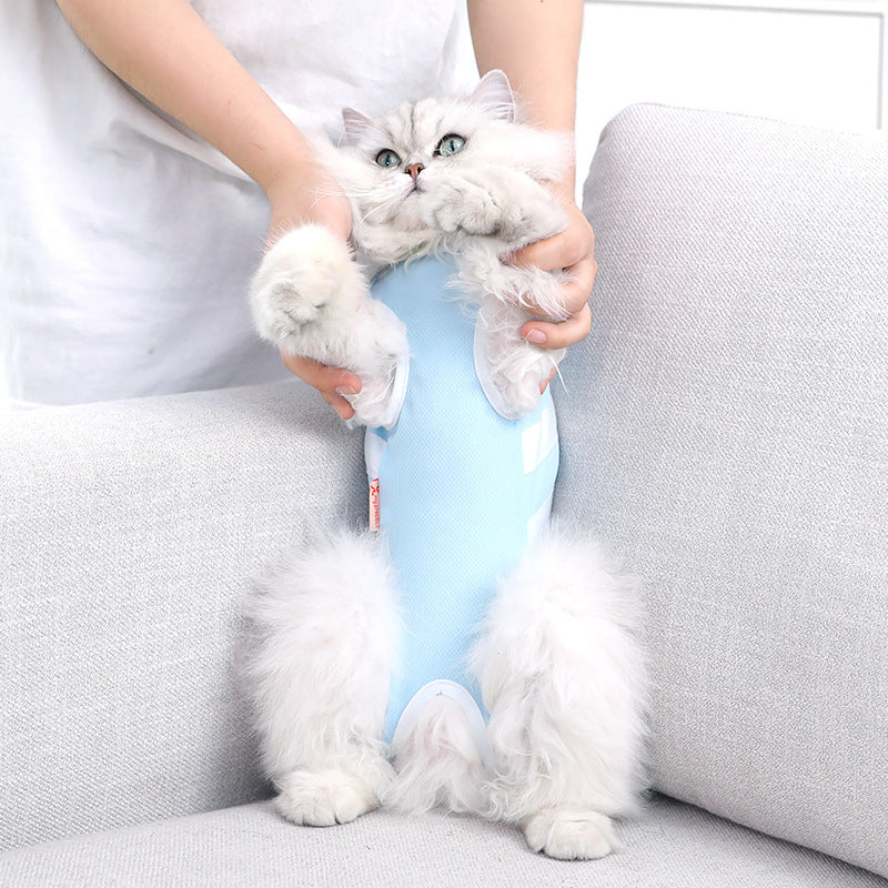 HKM-7110077 Lightweight Summer Cat Clothes - Breathable Casual Suit in Blue and White, Sizes S-XL