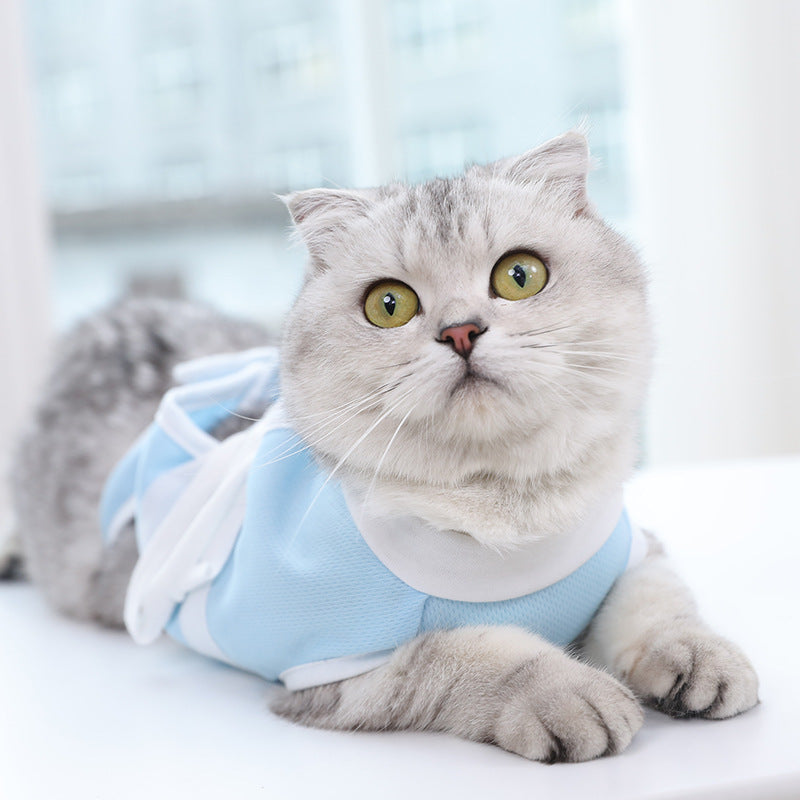 HKM-7110077 Lightweight Summer Cat Clothes - Breathable Casual Suit in Blue and White, Sizes S-XL