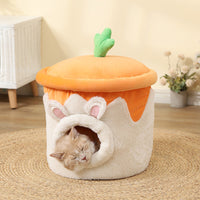 HKM-7115709 Cartoon Cat Litter Box with Dual-purpose Milk Tea Cup Design, Fully Enclosed Short Plush Pet Nest