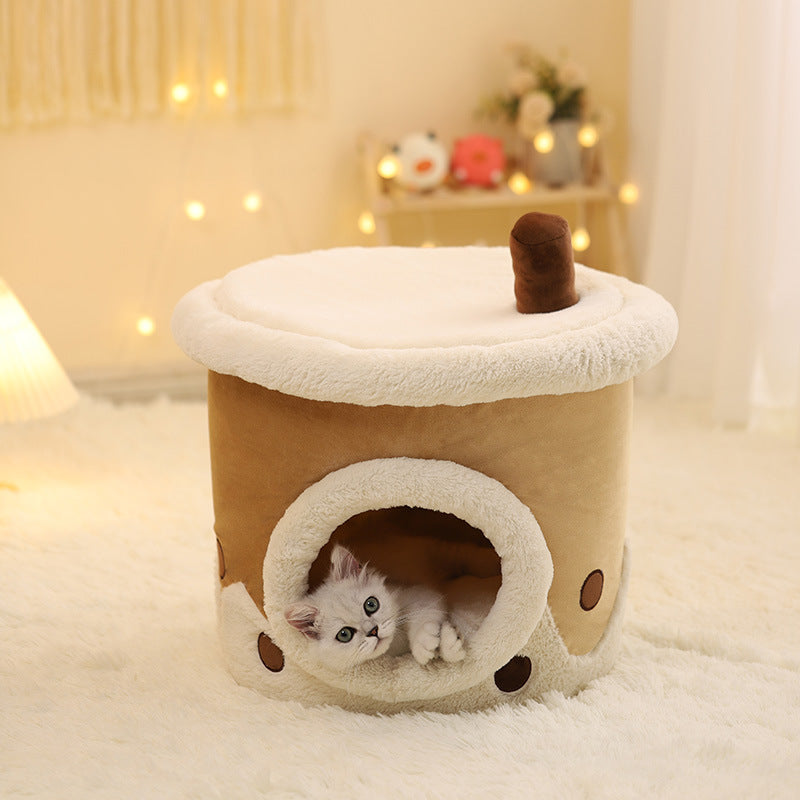 HKM-7115709 Cartoon Cat Litter Box with Dual-purpose Milk Tea Cup Design, Fully Enclosed Short Plush Pet Nest