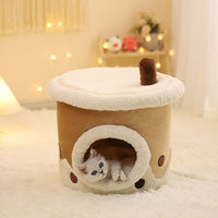 HKM-7115709 Cartoon Cat Litter Box with Dual-purpose Milk Tea Cup Design, Fully Enclosed Short Plush Pet Nest