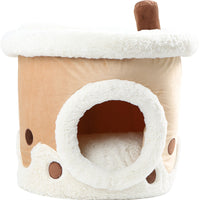 HKM-7115709 Cartoon Cat Litter Box with Dual-purpose Milk Tea Cup Design, Fully Enclosed Short Plush Pet Nest