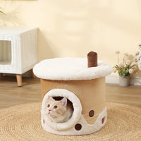 HKM-7115709 Cartoon Cat Litter Box with Dual-purpose Milk Tea Cup Design, Fully Enclosed Short Plush Pet Nest
