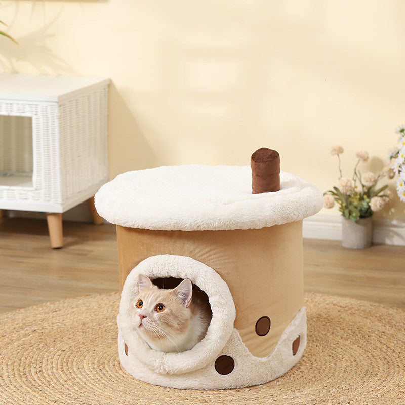 HKM-7115709 Cartoon Cat Litter Box with Dual-purpose Milk Tea Cup Design, Fully Enclosed Short Plush Pet Nest