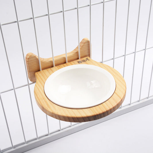 HKM-7117629 Ceramic Pet Bowl with Solid Wood Stand for Elevated Feeding