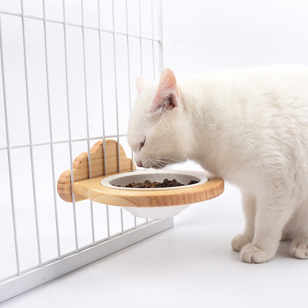 HKM-7117629 Ceramic Pet Bowl with Solid Wood Stand for Elevated Feeding