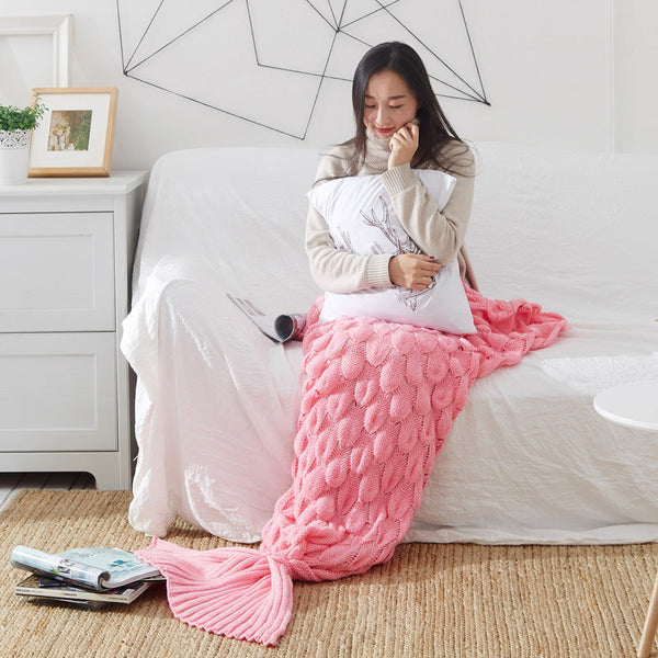 HKM-711955 Solid Color Fish Tail and Fish Scale Knitted Blanket - Modern Chenille, Multiple Sizes and Colors Available