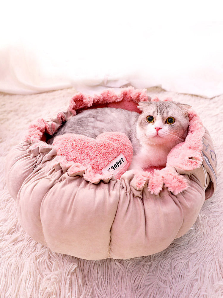 HKM-7121469 Cozy Enclosed Winter Pet Nest in Princess Petal Color, Soft PV Velvet Material
