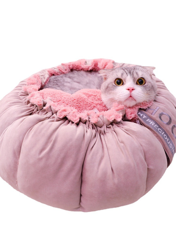 HKM-7121469 Cozy Enclosed Winter Pet Nest in Princess Petal Color, Soft PV Velvet Material