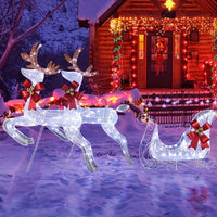 HKM-712403 Lighted 3-Piece Reindeer and Sleigh Set with 270 LED White Lights, Weatherproof Outdoor Christmas Decoration