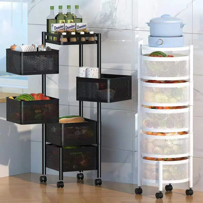 HKM-712531 Five-Layer Metal Kitchen Organizer with Detachable Wheels and Four-Layer Fruit & Vegetable Storage Baskets