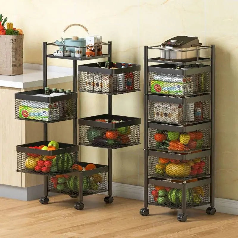HKM-712531 Five-Layer Metal Kitchen Organizer with Detachable Wheels and Four-Layer Fruit & Vegetable Storage Baskets
