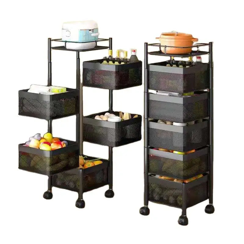 HKM-712531 Five-Layer Metal Kitchen Organizer with Detachable Wheels and Four-Layer Fruit & Vegetable Storage Baskets