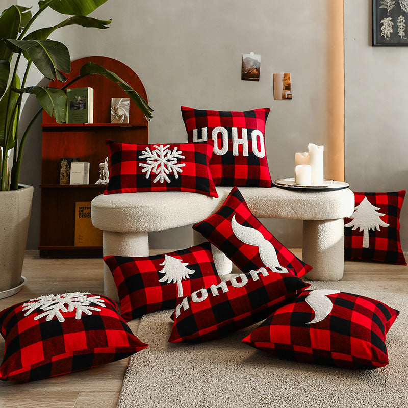 HKM-712595 Christmas Red Black Plaid Embroidered Cushion Cover - Various Designs Available