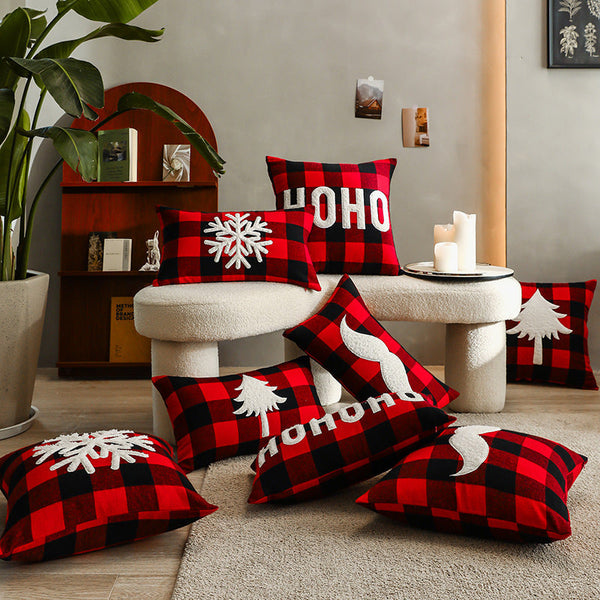 HKM-712595 Christmas Red Black Plaid Embroidered Cushion Cover - Various Designs Available