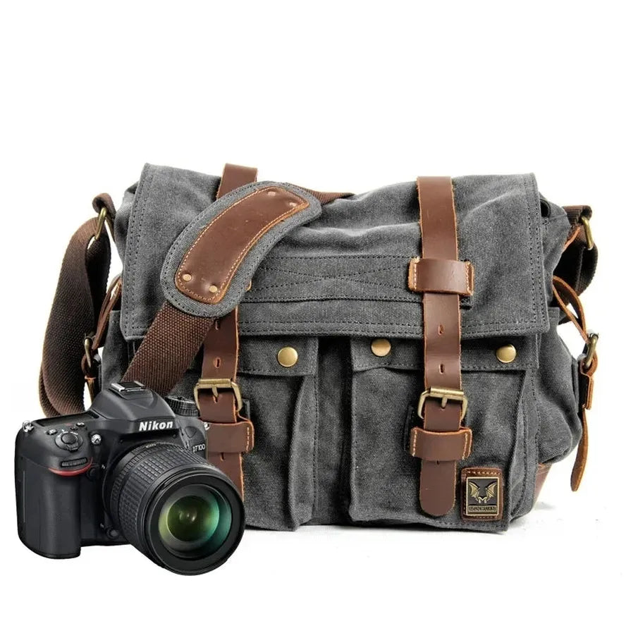 HKM-712659 Vintage Waterproof Canvas Leather Crossbody Bag for SLR Camera and Leisure Photography