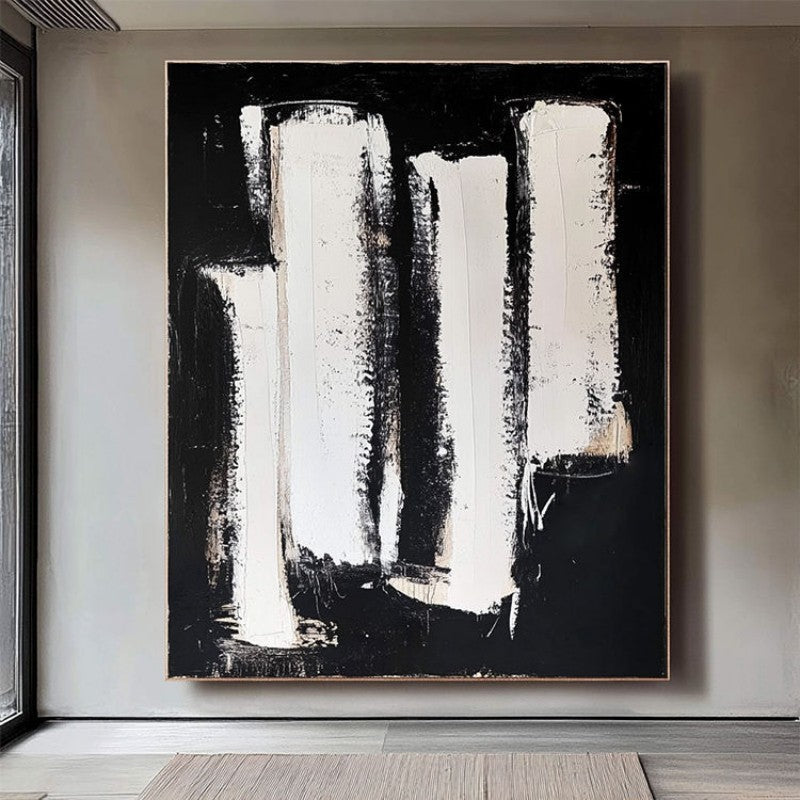 HKM-712723 Hand-Painted Black and White Abstract Oil Painting on Canvas - Unstretched Decorative Wall Art for Home Decor