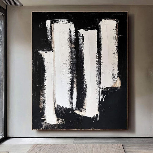 HKM-712723 Hand-Painted Black and White Abstract Oil Painting on Canvas - Unstretched Decorative Wall Art for Home Decor