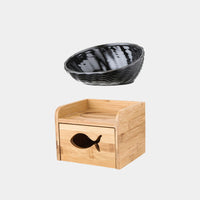 HKM-7127357 Ceramic Cat Bowl with Angled Mouth and Bamboo Frame - Small and Large Sizes Available