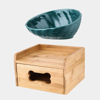 HKM-7127357 Ceramic Cat Bowl with Angled Mouth and Bamboo Frame - Small and Large Sizes Available