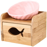 HKM-7127357 Ceramic Cat Bowl with Angled Mouth and Bamboo Frame - Small and Large Sizes Available