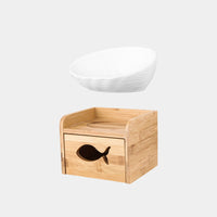 HKM-7127357 Ceramic Cat Bowl with Angled Mouth and Bamboo Frame - Small and Large Sizes Available