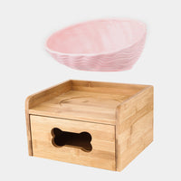 HKM-7127357 Ceramic Cat Bowl with Angled Mouth and Bamboo Frame - Small and Large Sizes Available