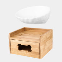 HKM-7127357 Ceramic Cat Bowl with Angled Mouth and Bamboo Frame - Small and Large Sizes Available