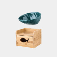 HKM-7127357 Ceramic Cat Bowl with Angled Mouth and Bamboo Frame - Small and Large Sizes Available