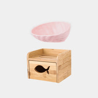 HKM-7127357 Ceramic Cat Bowl with Angled Mouth and Bamboo Frame - Small and Large Sizes Available