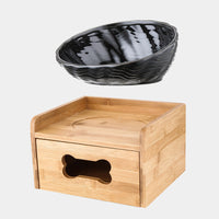 HKM-7127357 Ceramic Cat Bowl with Angled Mouth and Bamboo Frame - Small and Large Sizes Available
