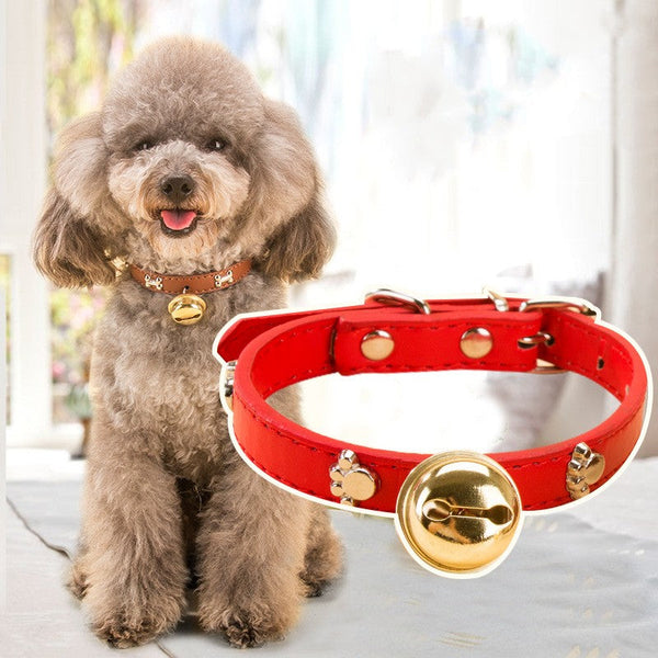 HKM-7129149 Durable PU Pet Collar with Claw Print Bone Design and Alloy Bell in Multiple Colors