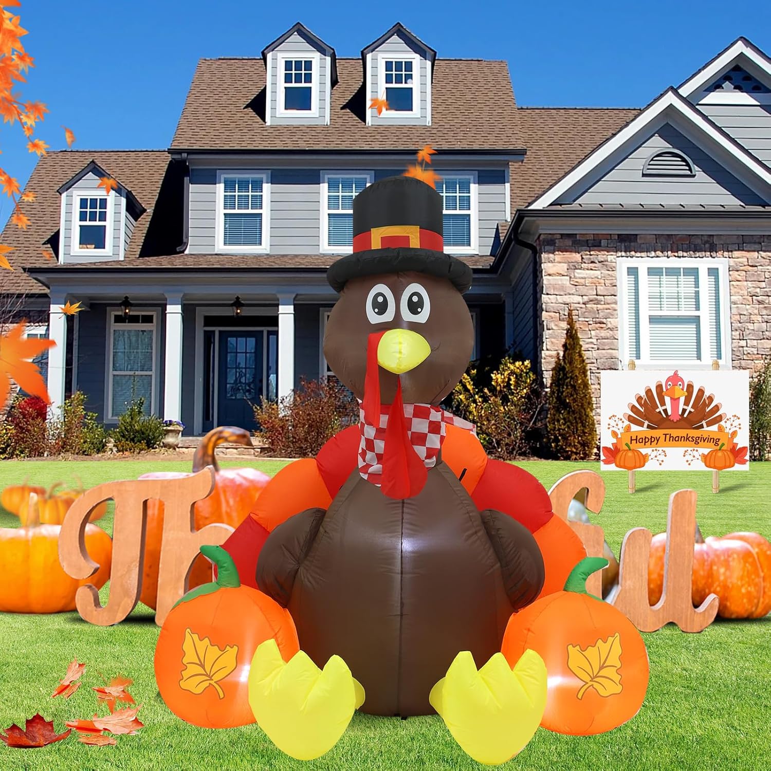 HKM-712979 Thanksgiving 6FT Inflatable Turkey Decoration with LED Lights for Yard and PatioFestivities