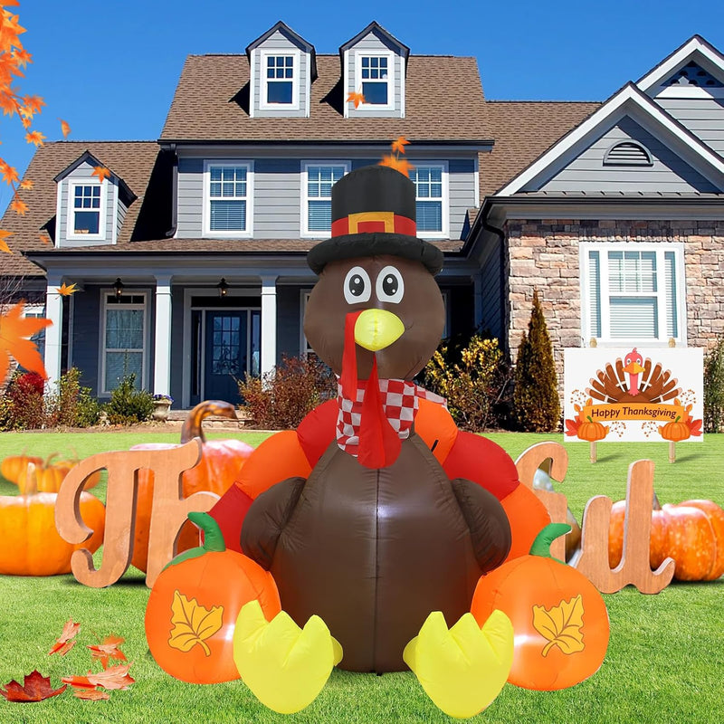 HKM-712979 Thanksgiving 6FT Inflatable Turkey Decoration with LED Lights for Yard and PatioFestivities