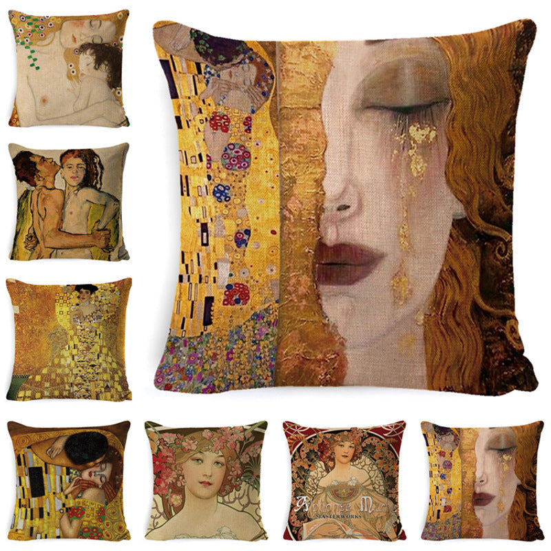 HKM-713491 Couple Cartoon Pillow Cushion - European Classic Linen Home Decor with Invisible Zipper