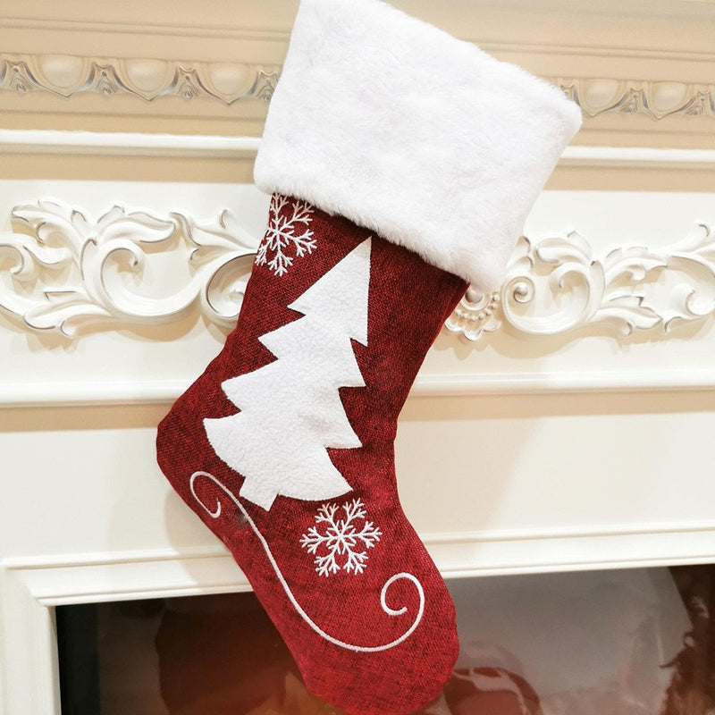 HKM-713555 Christmas Holiday Decorative Socks Gift Bag - Snowflake & Tree Pattern, Reusable for Gifts and Treats, 46x25cm