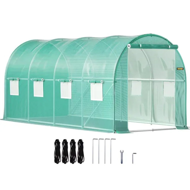 HKM-7137725 Portable Walk-in Tunnel Greenhouse with Galvanized Steel Frame and Zippered Door, 14.8 x 6.6 x 6.6 Ft, Green
