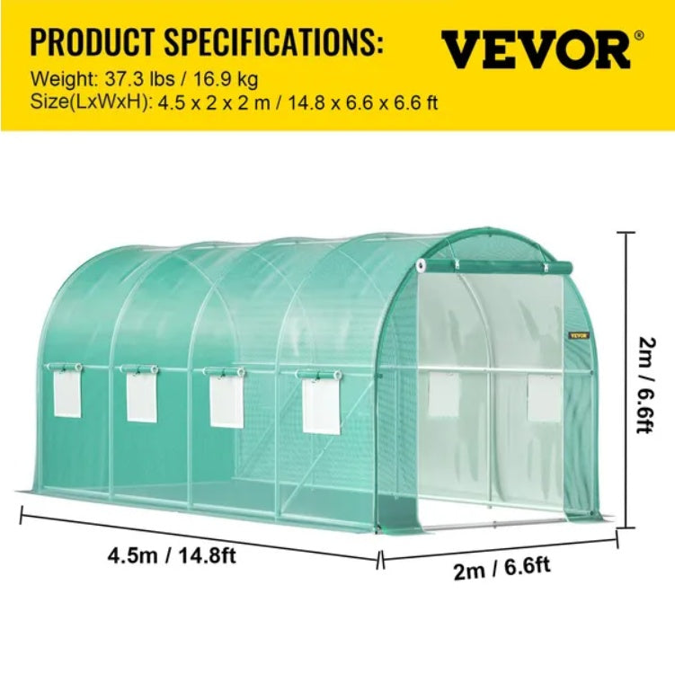 HKM-7137725 Portable Walk-in Tunnel Greenhouse with Galvanized Steel Frame and Zippered Door, 14.8 x 6.6 x 6.6 Ft, Green