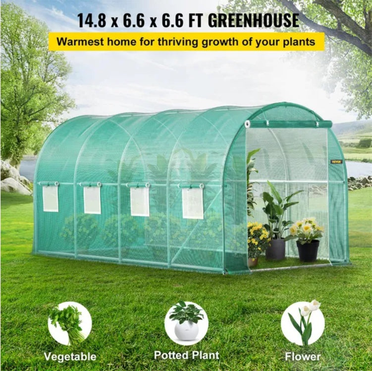 HKM-7137725 Portable Walk-in Tunnel Greenhouse with Galvanized Steel Frame and Zippered Door, 14.8 x 6.6 x 6.6 Ft, Green