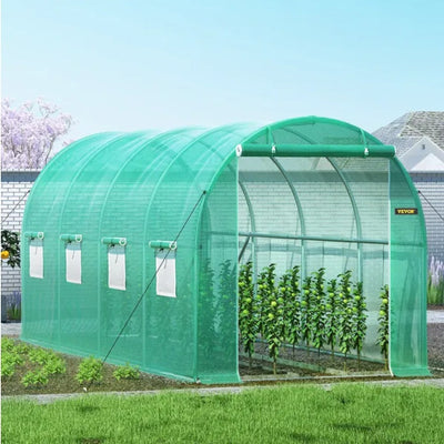 HKM-7137725 Portable Walk-in Tunnel Greenhouse with Galvanized Steel Frame and Zippered Door, 14.8 x 6.6 x 6.6 Ft, Green