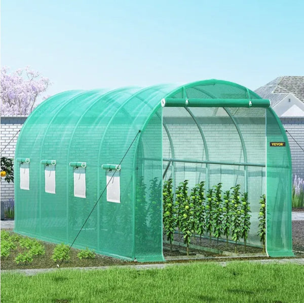 HKM-7137725 Portable Walk-in Tunnel Greenhouse with Galvanized Steel Frame and Zippered Door, 14.8 x 6.6 x 6.6 Ft, Green