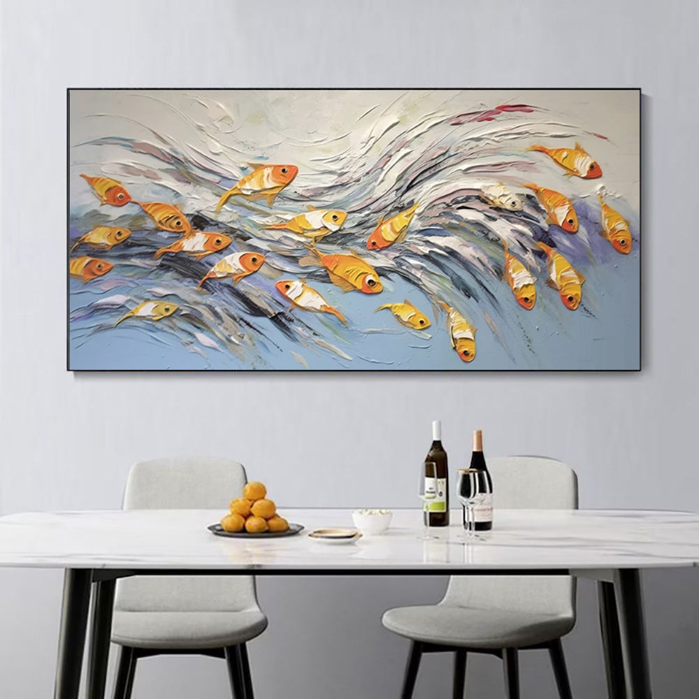 HKM-713875 Hand-Painted Canvas Art of Cheerful Fish - Unique Unframed Oil Painting for Home Decor