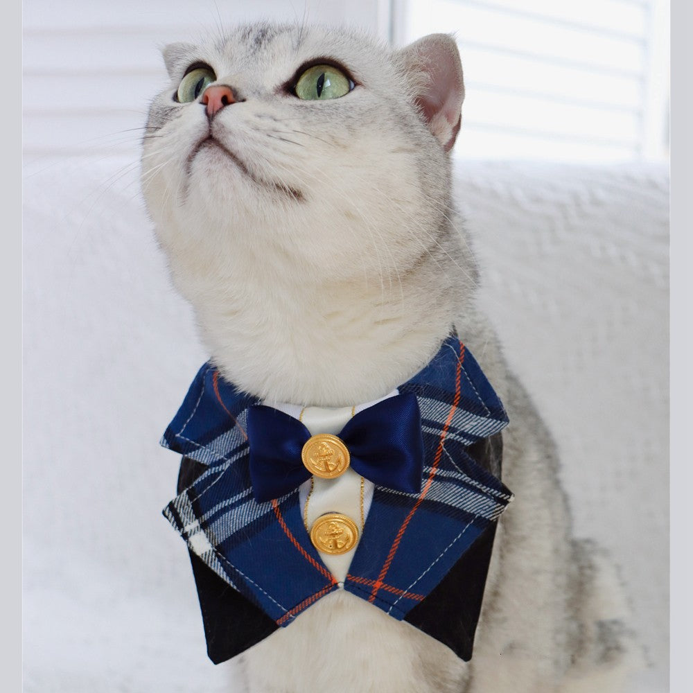 HKM-7140925 British Academy Style Bib Tie for Cats and Dogs - Red Grid, Blue Grid, Pink Line, Blue Line - Sizes S and M