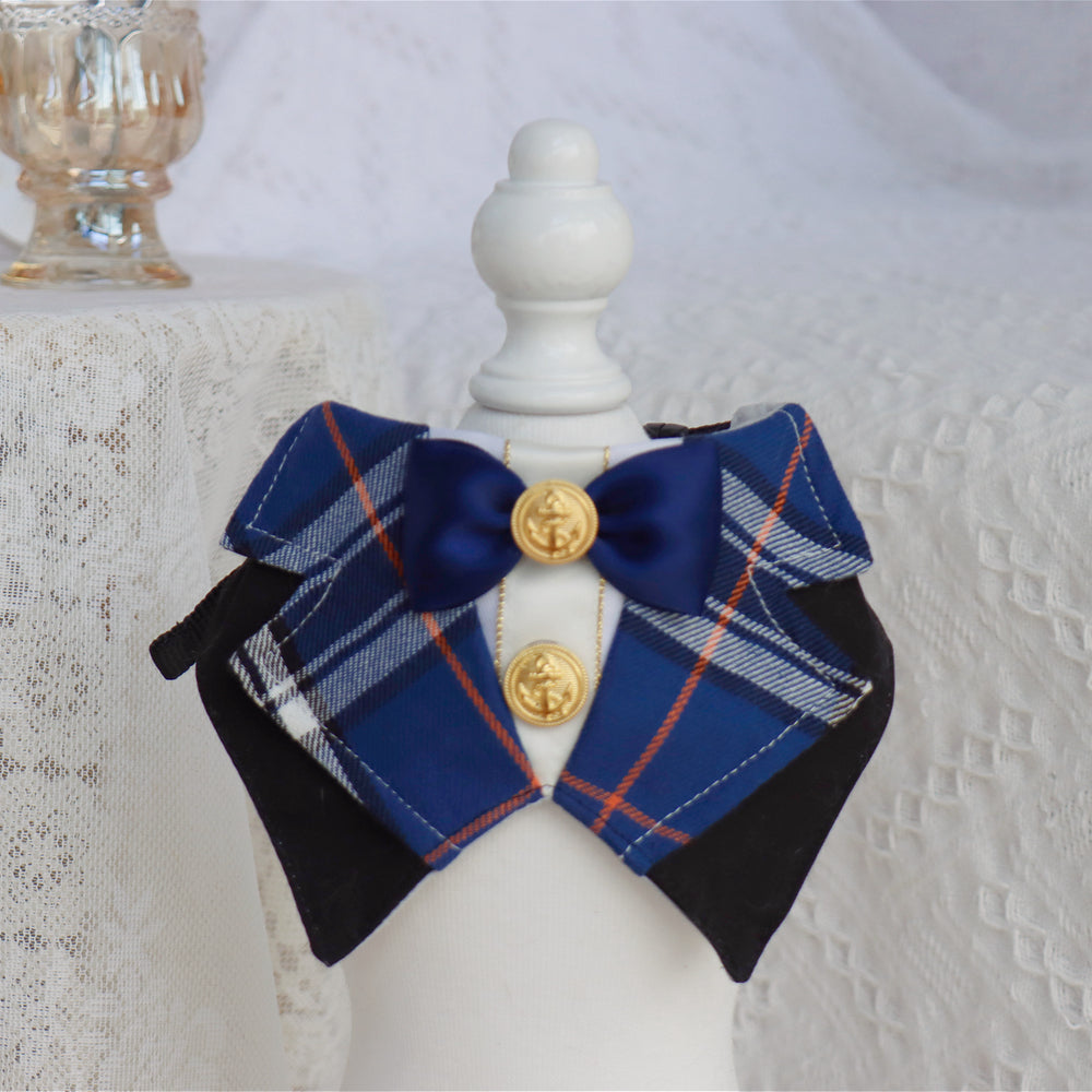 HKM-7140925 British Academy Style Bib Tie for Cats and Dogs - Red Grid, Blue Grid, Pink Line, Blue Line - Sizes S and M