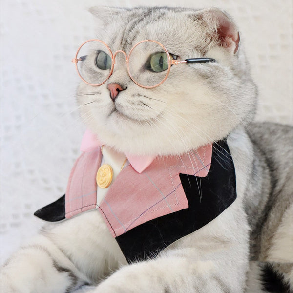 HKM-7140925 British Academy Style Bib Tie for Cats and Dogs - Red Grid, Blue Grid, Pink Line, Blue Line - Sizes S and M