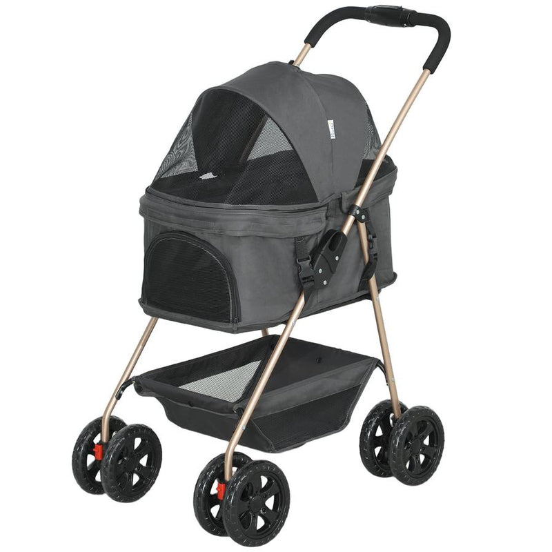 HKM-714259 3-in-1 Folding Pet Stroller with Detachable Carrier for Mini Dogs, Storage Basket and Cupholder, Gray