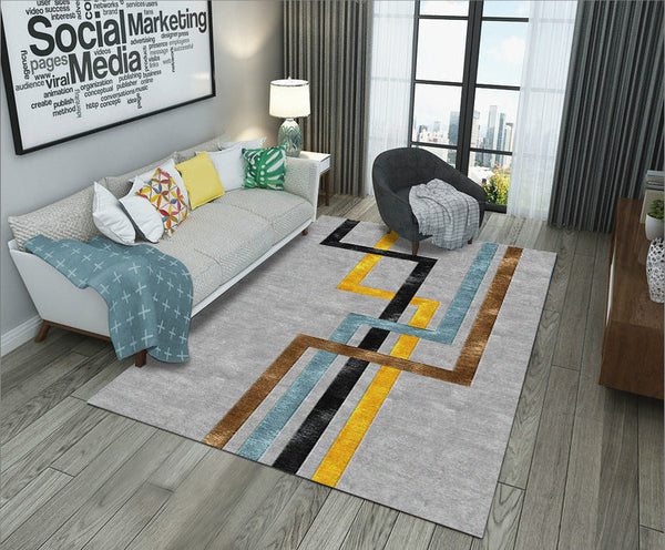 HKM-714323 Geometric Rectangular Polyester Coffee Table Carpet - Machine Washable Modern Design