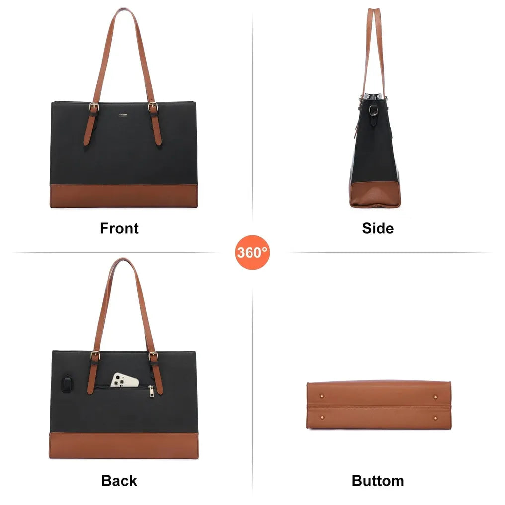 HKM-714643 Stylish 15.6 Inch Waterproof PU Leather Laptop Tote Bag for Women - Ideal for Business and Office Use