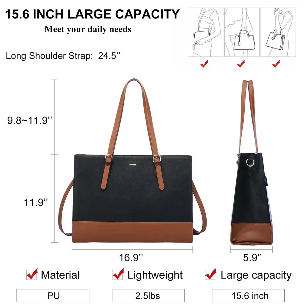 HKM-714643 Stylish 15.6 Inch Waterproof PU Leather Laptop Tote Bag for Women - Ideal for Business and Office Use