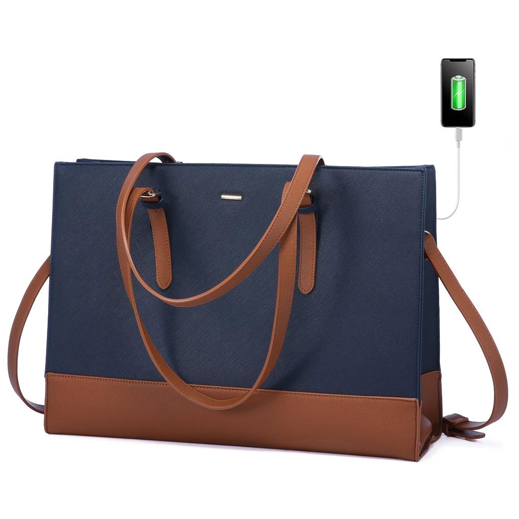 HKM-714643 Stylish 15.6 Inch Waterproof PU Leather Laptop Tote Bag for Women - Ideal for Business and Office Use